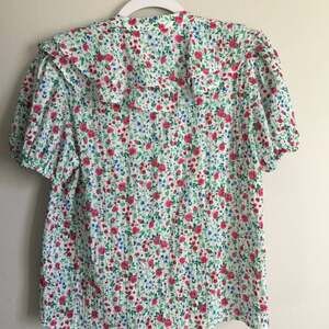 Vintage Floral Ruffle Blouse, White with Pink & Blue Flowers Zara brand small